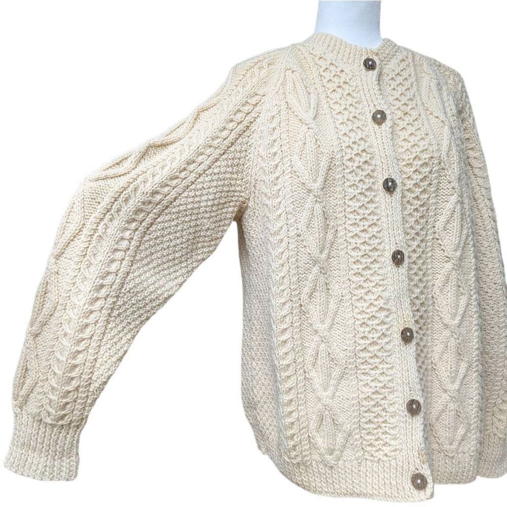 Fisherman Sweater Cardigan Off White Cream Heavy Cable Wood Buttons Unbranded - Picture 2 of 10